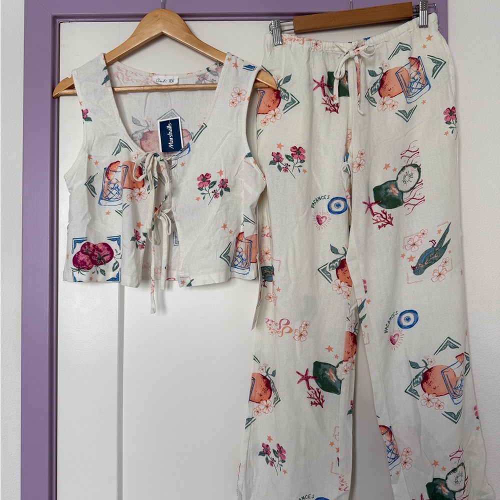 NWT 2 Piece Linen Pant Summer Set with Pockets (S) Cali 1850